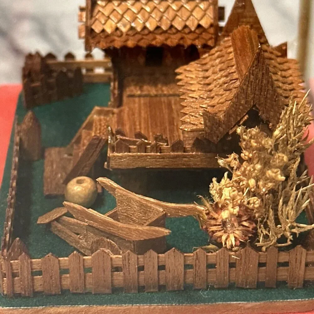 VINTAGE Handmade Teak Wood Thailand House Glass Metal Shadowbox Diorama Souvenir